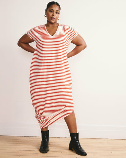 Universal Standard Iconic Geneva V-Neck Dress - Ecru/Poppy Stripe