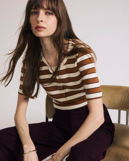 Universal Standard Henley Short Sleeve Ribbed Tee - Baker Street Stripe