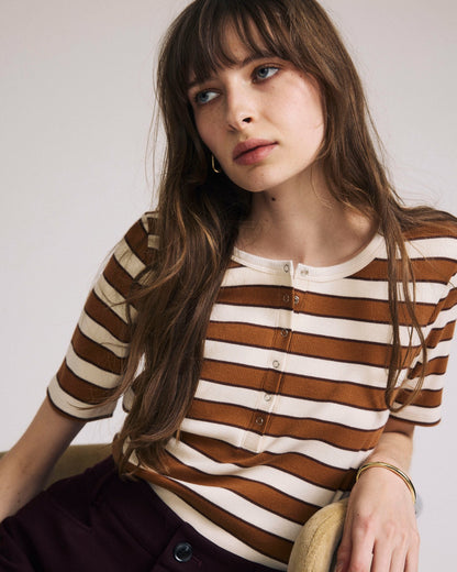 Universal Standard Henley Short Sleeve Ribbed Tee - Baker Street Stripe
