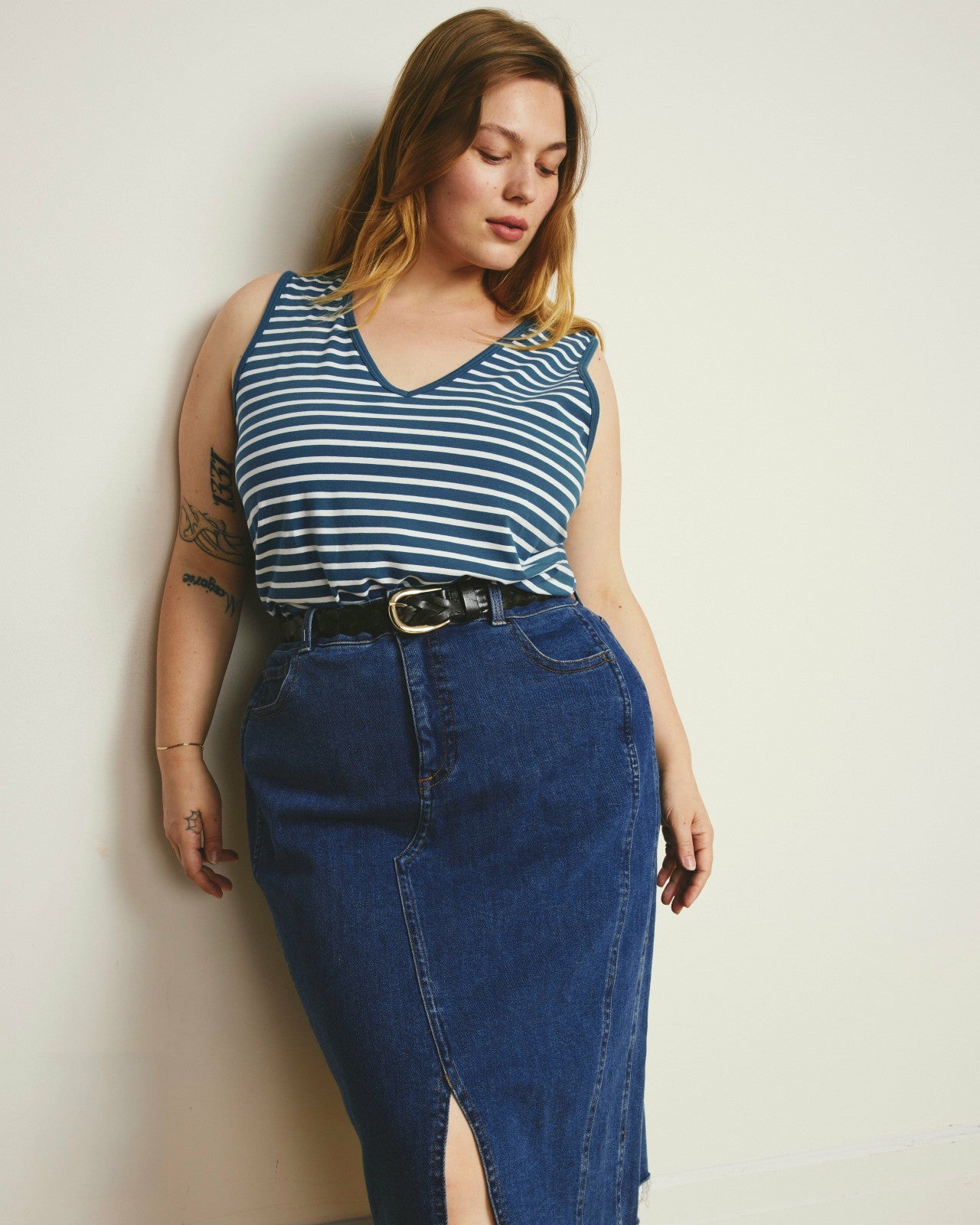 Universal Standard Double V Tank - Ink Blue/White Stripe