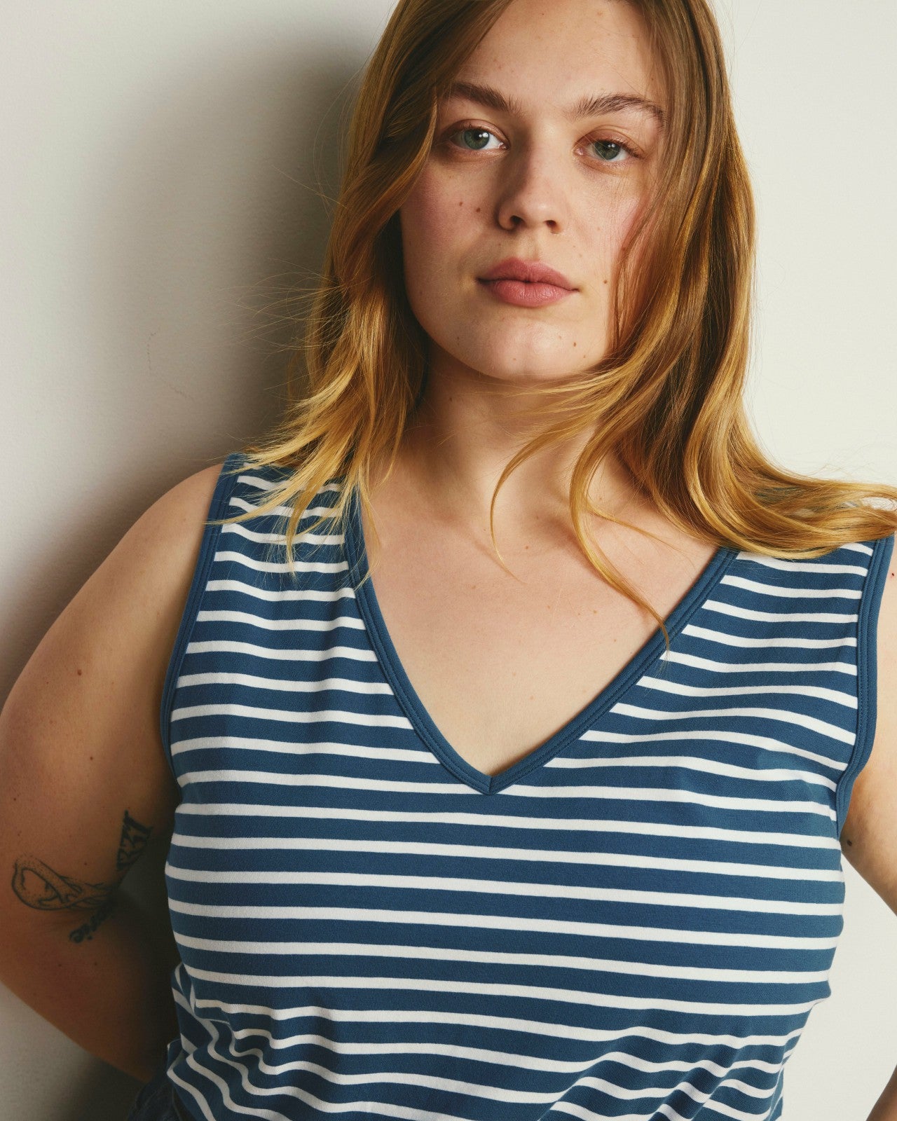 Universal Standard Double V Tank - Ink Blue/White Stripe