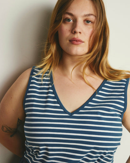Universal Standard Double V Tank - Ink Blue/White Stripe