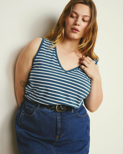 Universal Standard Double V Tank - Ink Blue/White Stripe