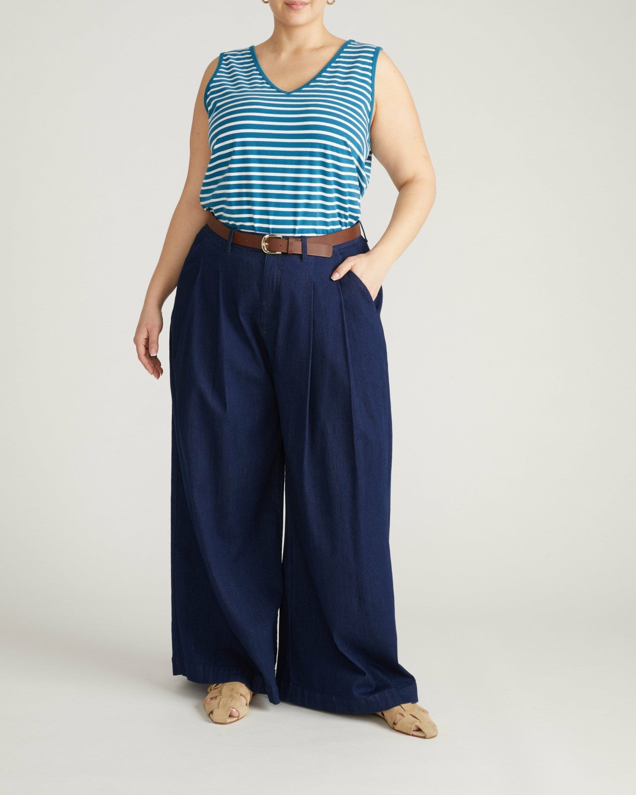Universal Standard Double V Tank - Ink Blue/White Stripe