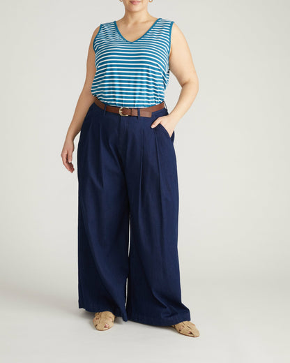 Universal Standard Double V Tank - Ink Blue/White Stripe