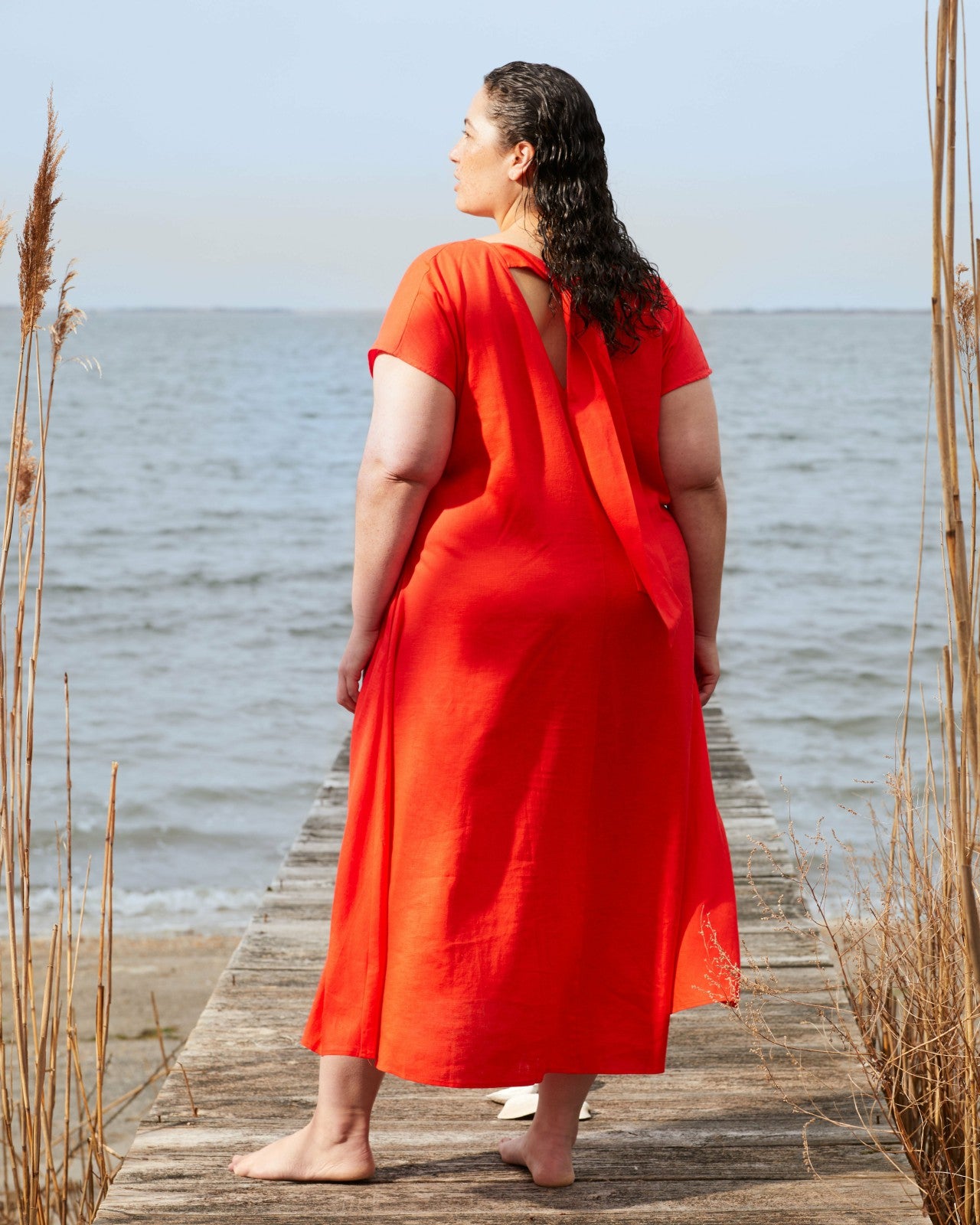Universal Standard Louvre Bow Back Linen Blend Dress - Shoreline Sunset