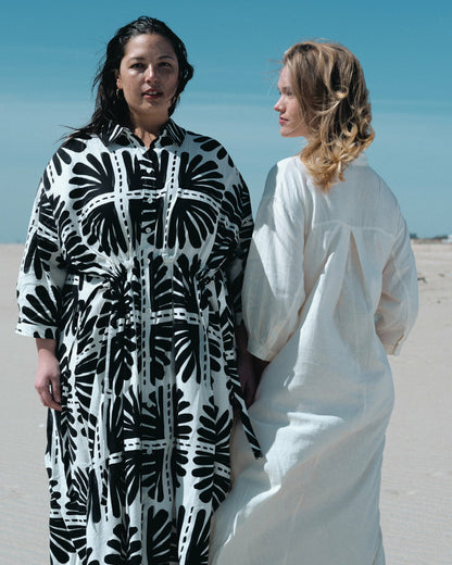 Universal Standard Paros Drawstring Linen Blend Shirtdress - Ink Bloom Print