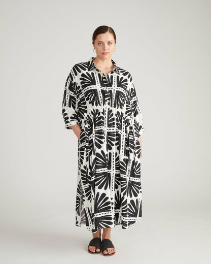 Universal Standard Paros Drawstring Linen Blend Shirtdress - Ink Bloom Print