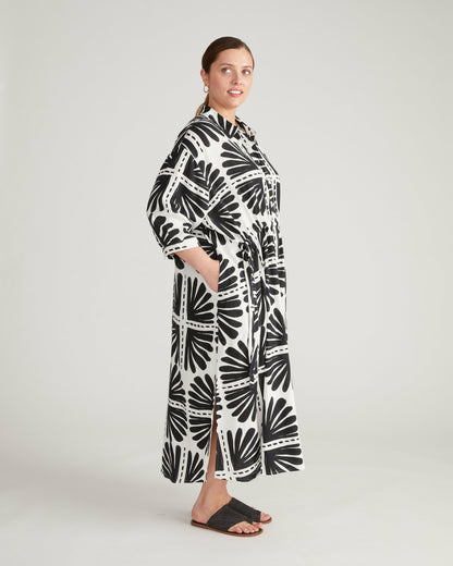 Universal Standard Paros Drawstring Linen Blend Shirtdress - Ink Bloom Print