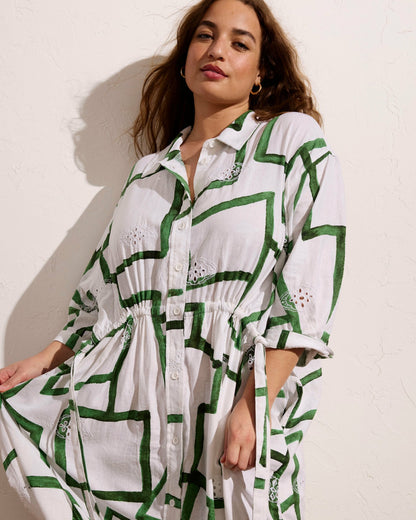 Universal Standard Paros Drawstring Linen Blend Shirtdress - Green Paint Print