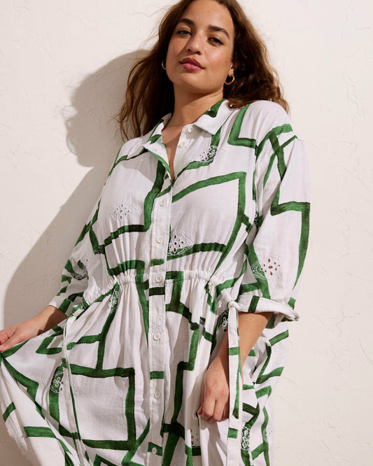 Universal Standard Paros Drawstring Linen Blend Shirtdress - Green Paint Print