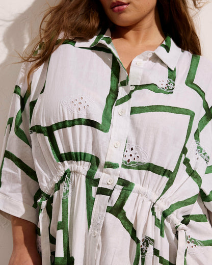 Universal Standard Paros Drawstring Linen Blend Shirtdress - Green Paint Print