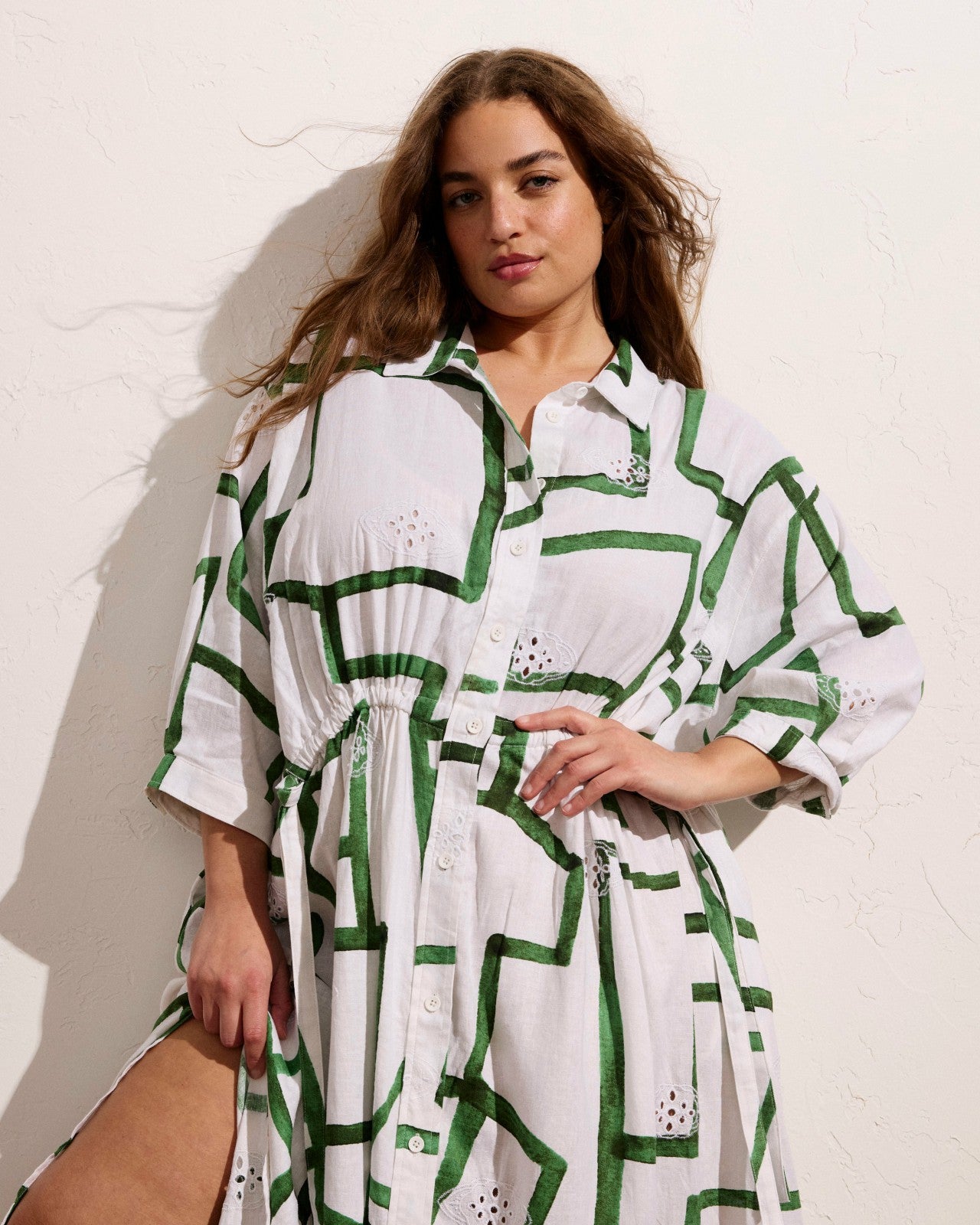 Universal Standard Paros Drawstring Linen Blend Shirtdress - Green Paint Print