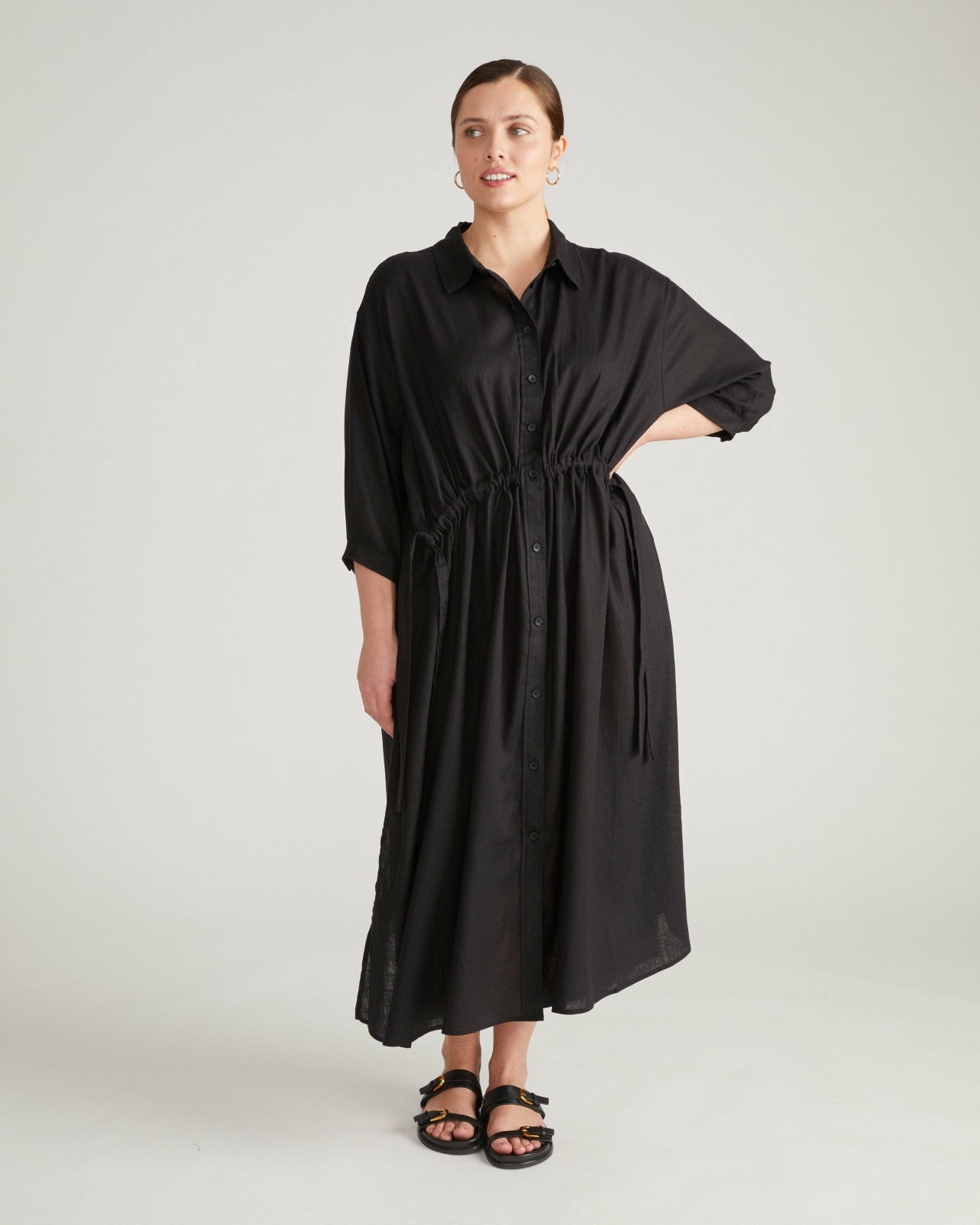 Universal Standard Paros Drawstring Linen Blend Shirtdress - Black
