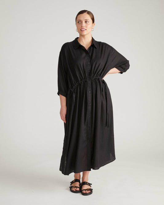 Universal Standard Paros Drawstring Linen Blend Shirtdress - Black