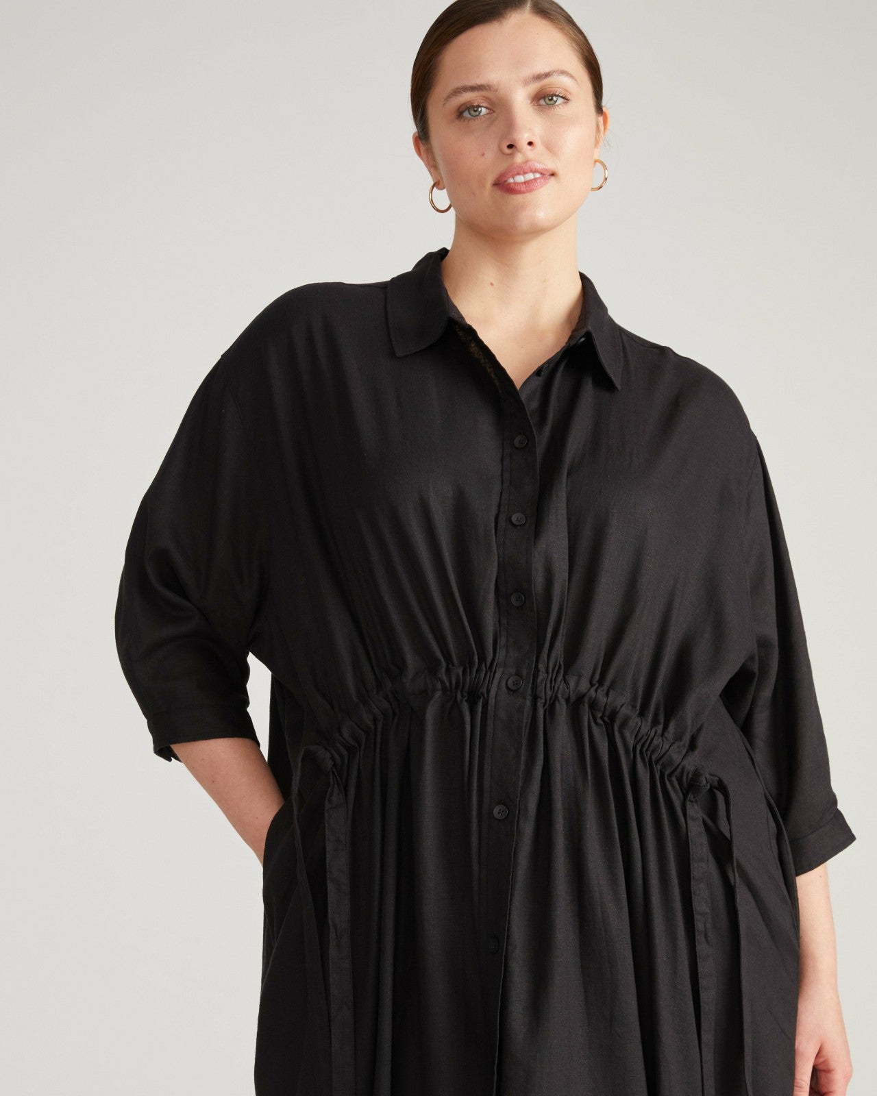 Universal Standard Paros Drawstring Linen Blend Shirtdress - Black