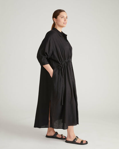 Universal Standard Paros Drawstring Linen Blend Shirtdress - Black