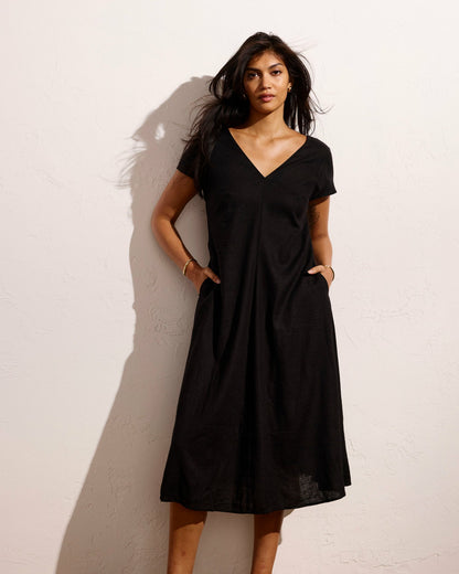 Universal Standard Louvre Bow Back Linen Blend Dress - Black