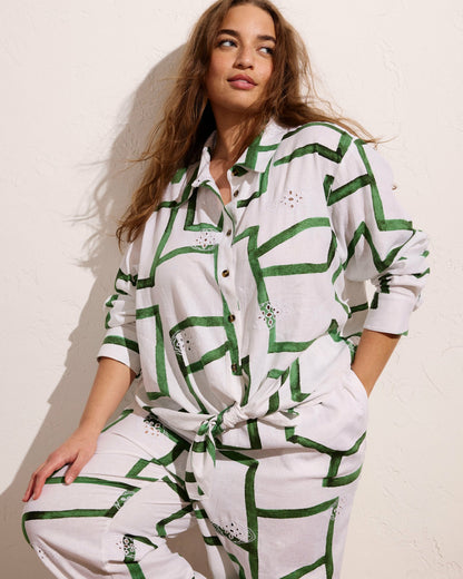 Universal Standard Iris Linen Blend Easy Pull-On Pants - Green Paint Print