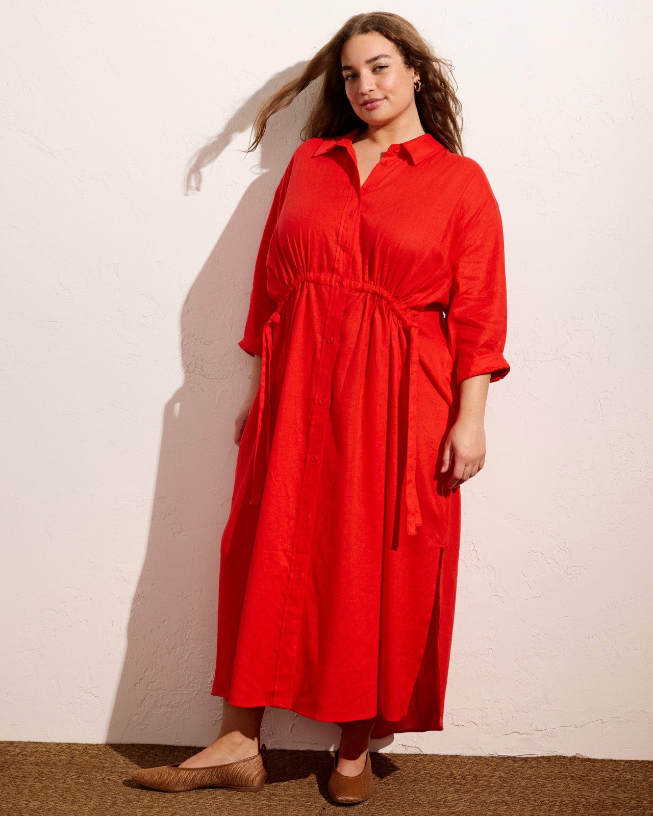 Universal Standard Paros Drawstring Linen Blend Shirtdress - Shoreline Sunset