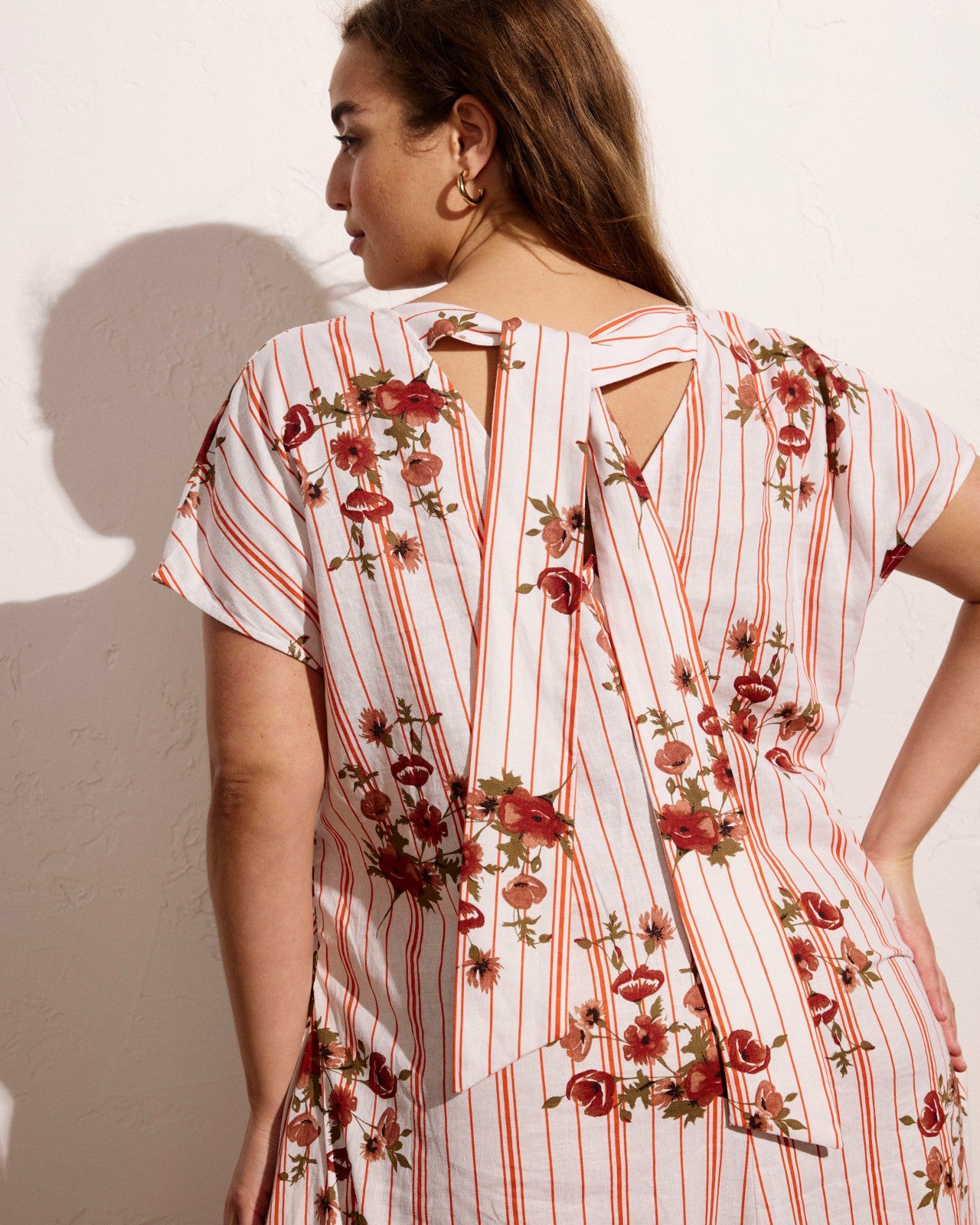 Universal Standard Louvre Bow Back Linen Blend Dress - Wild Flower Bouquet Print on Strip