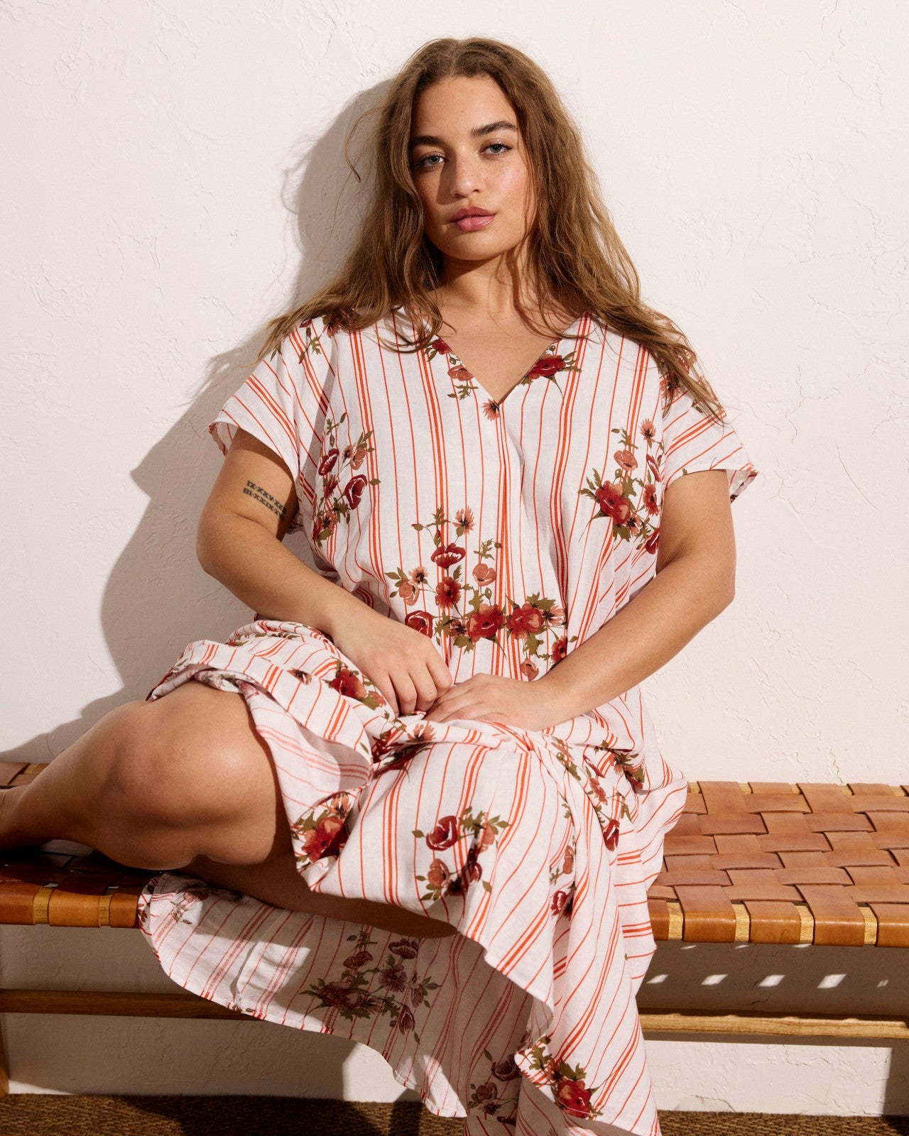 Universal Standard Louvre Bow Back Linen Blend Dress - Wild Flower Bouquet Print on Strip