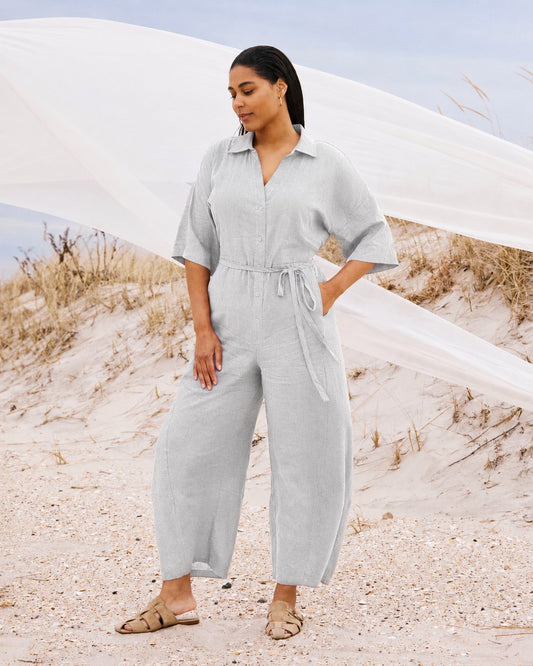 Universal Standard Maggie Barrel Leg Linen Blend Jumpsuit - Beach Stripe