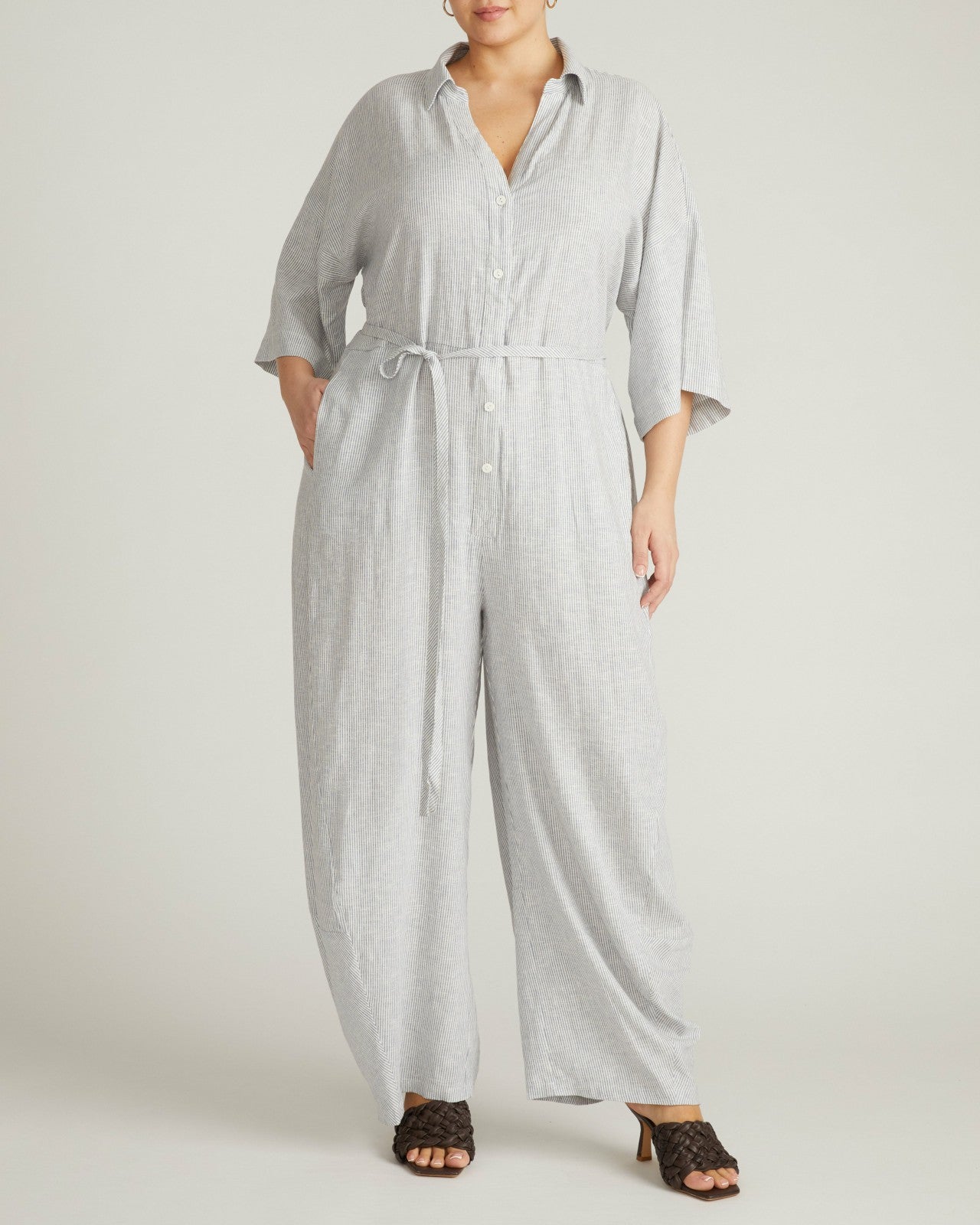 Universal Standard Maggie Barrel Leg Linen Blend Jumpsuit - Beach Stripe