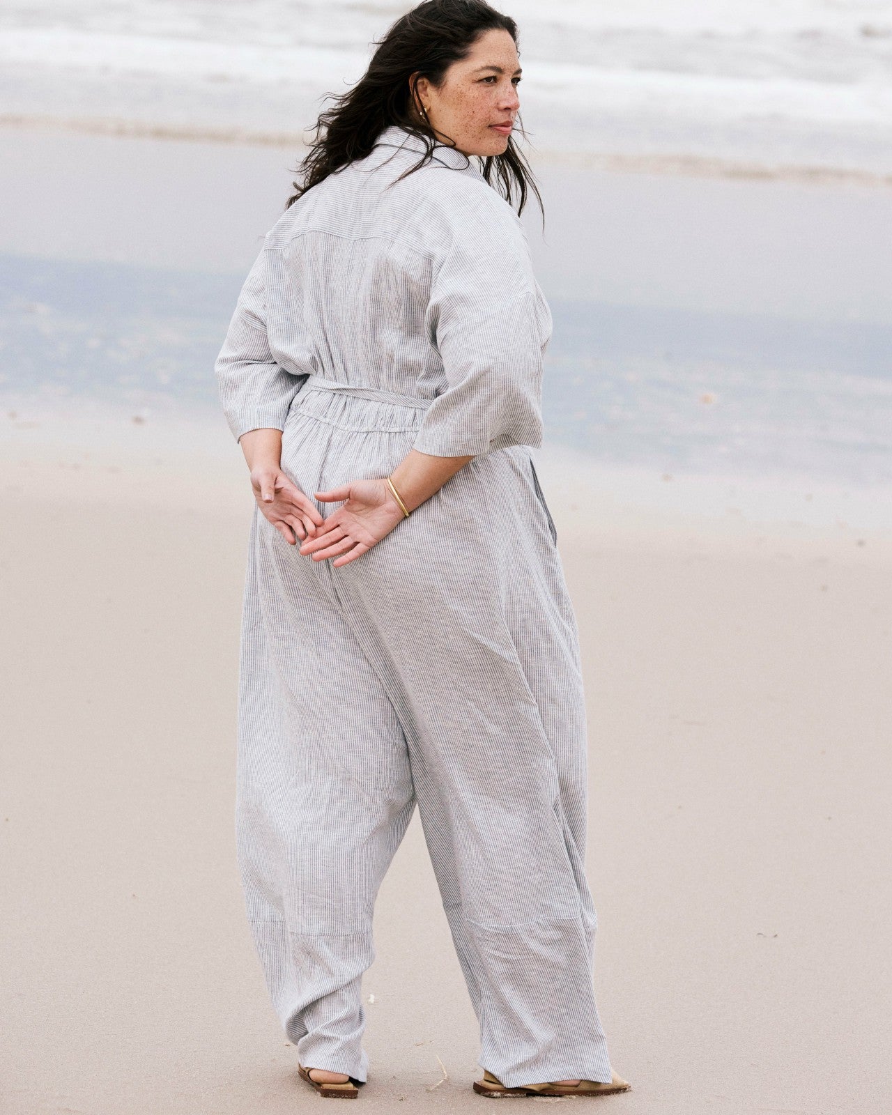 Universal Standard Maggie Barrel Leg Linen Blend Jumpsuit - Beach Stripe
