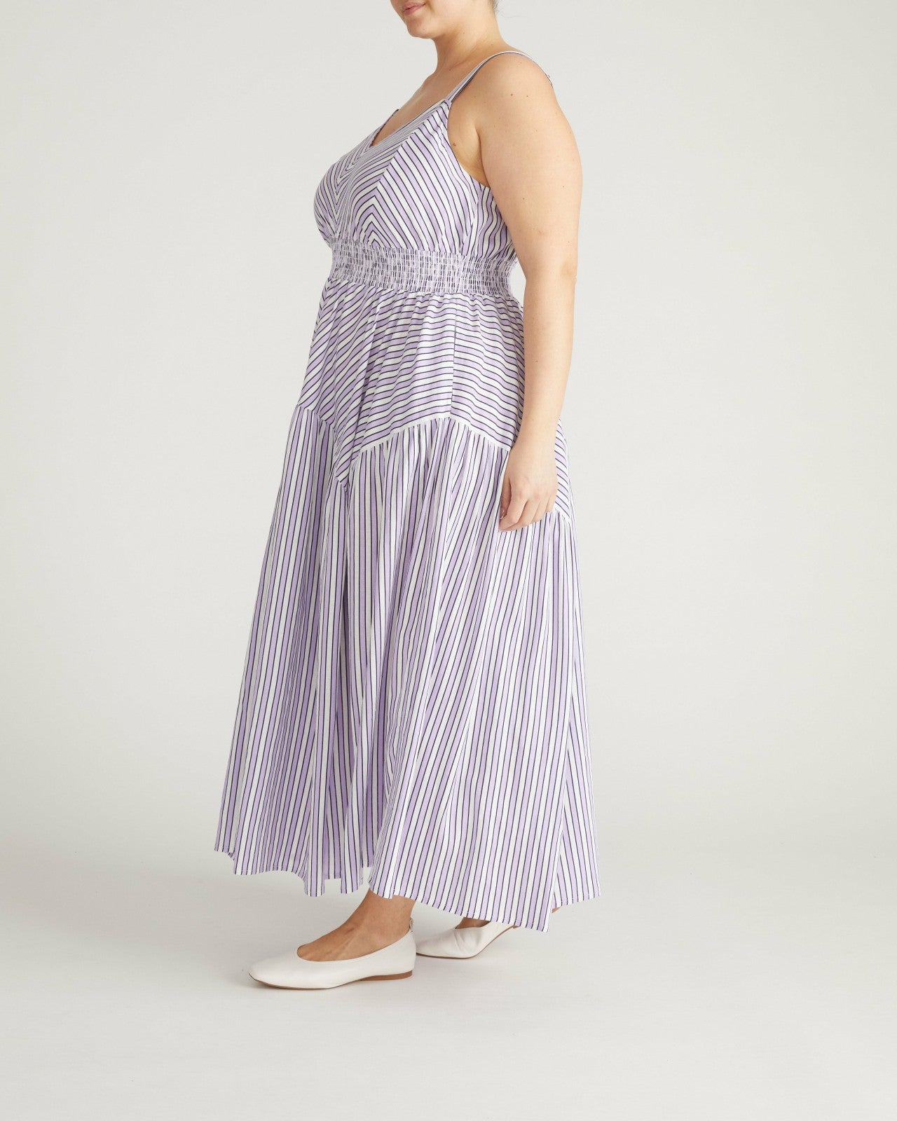 Universal Standard Ruby Smocked Linen Blend Sundress - Lilac Stripe Print