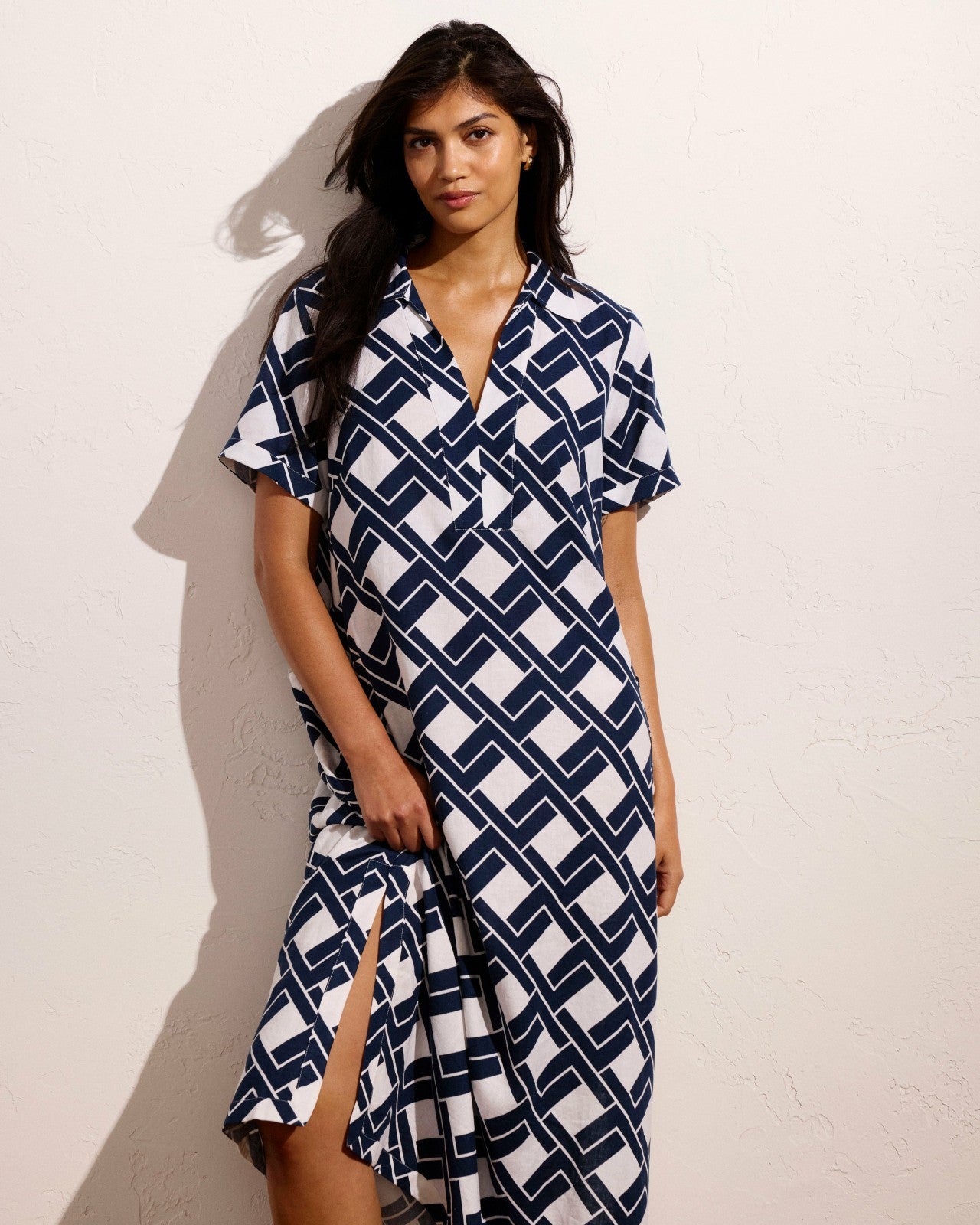 Universal Standard Padma Polo Neck Linen Blend Dress - Geometrica Print