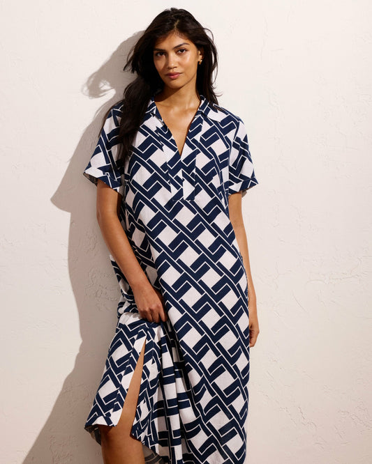 Universal Standard Padma Polo Neck Linen Blend Dress - Geometrica Print