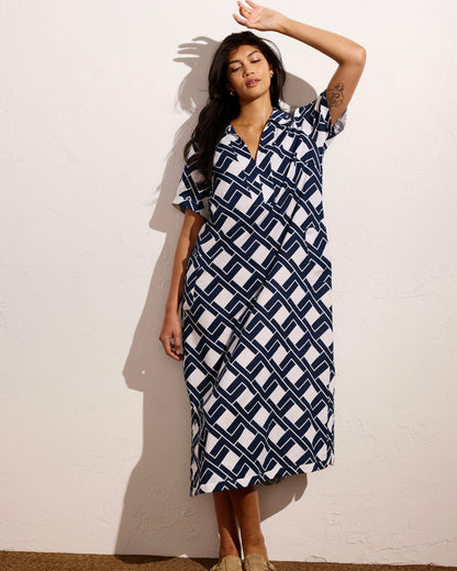 Universal Standard Padma Polo Neck Linen Blend Dress - Geometrica Print