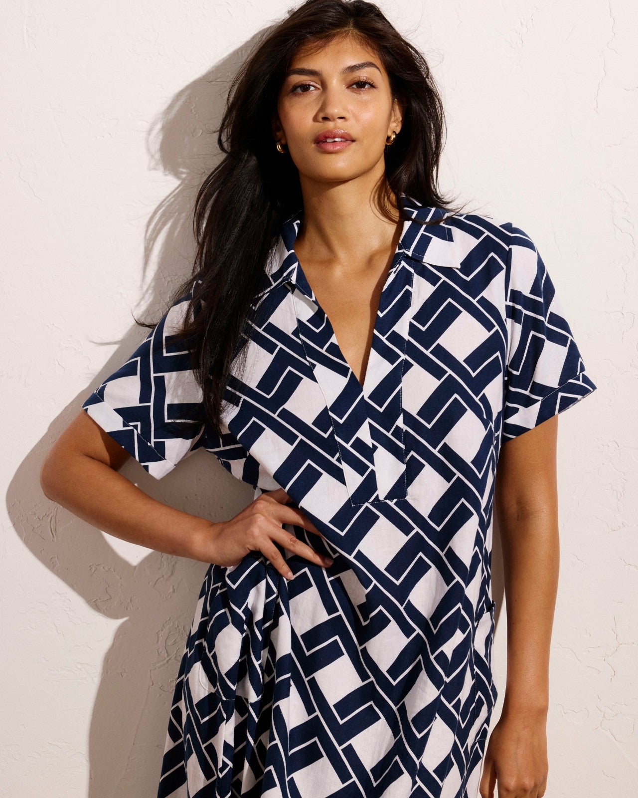 Universal Standard Padma Polo Neck Linen Blend Dress - Geometrica Print