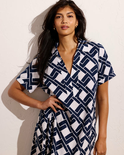 Universal Standard Padma Polo Neck Linen Blend Dress - Geometrica Print