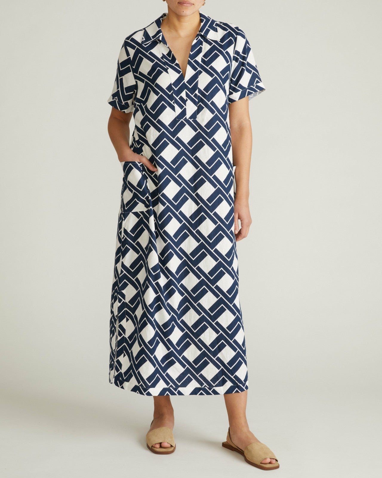 Universal Standard Padma Polo Neck Linen Blend Dress - Geometrica Print