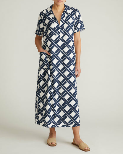 Universal Standard Padma Polo Neck Linen Blend Dress - Geometrica Print