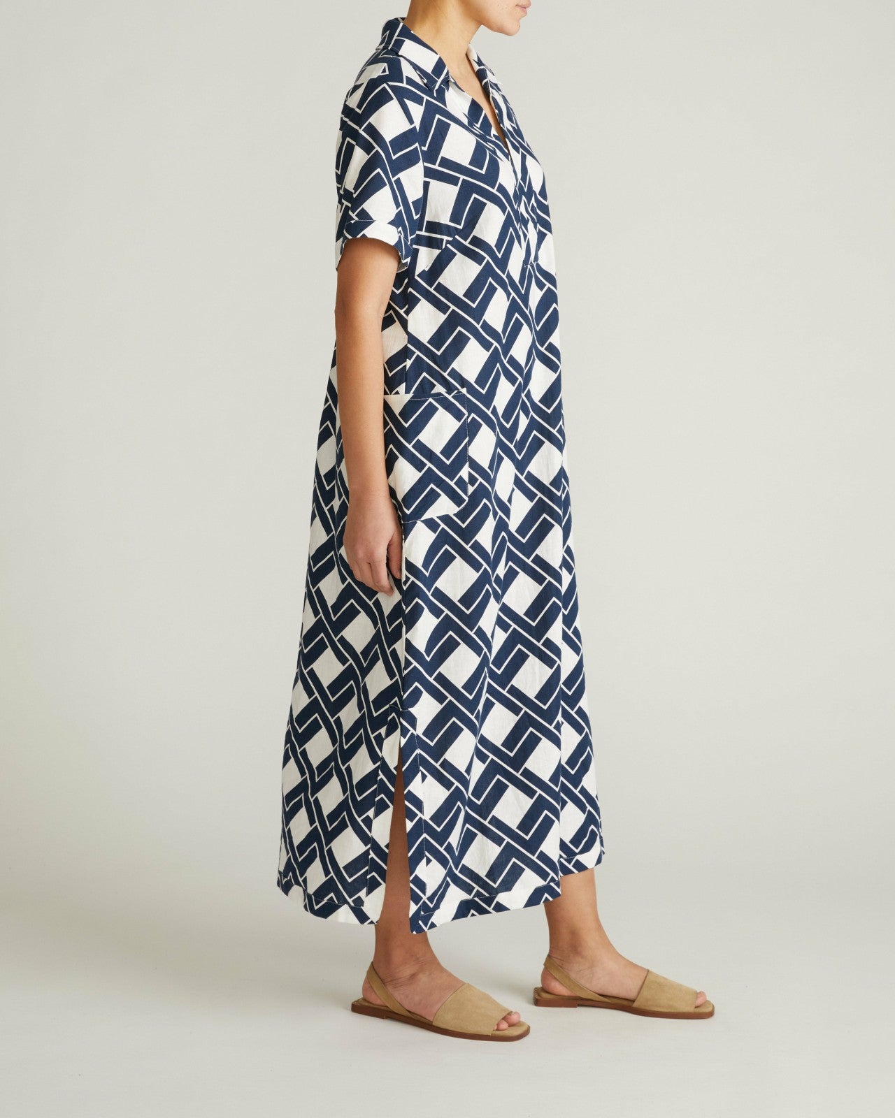 Universal Standard Padma Polo Neck Linen Blend Dress - Geometrica Print