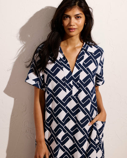 Universal Standard Padma Polo Neck Linen Blend Dress - Geometrica Print