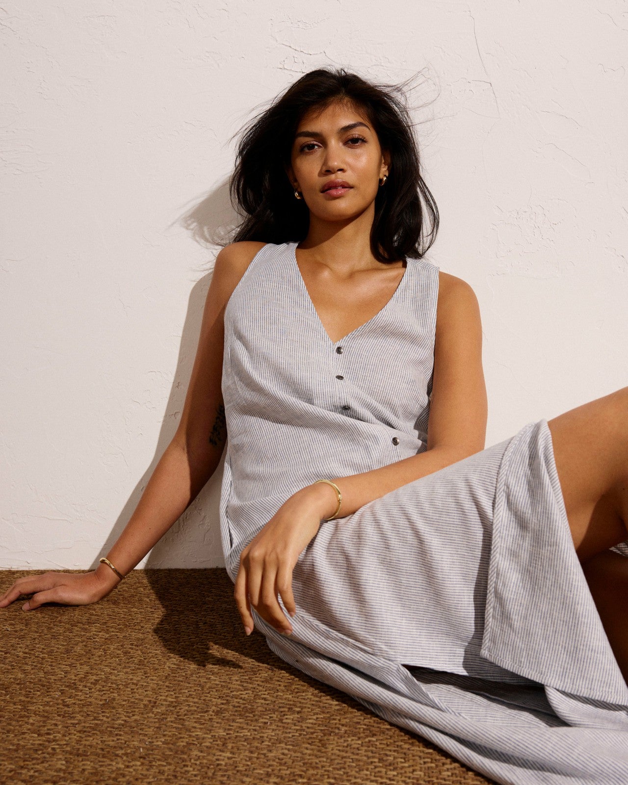 Universal Standard Islet Button-Down Linen Blend Maxi Dress - Beach Stripe