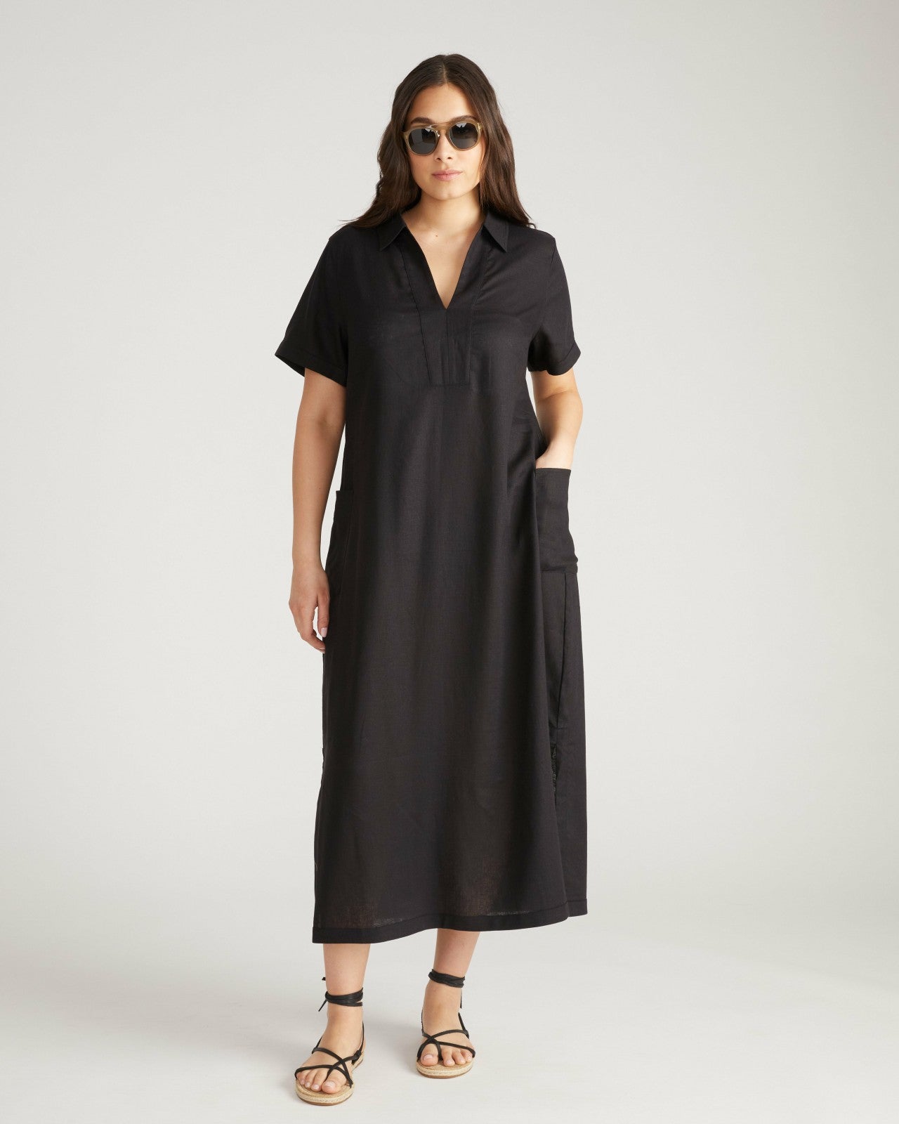 Universal Standard Padma Polo Neck Linen Blend Dress - Black