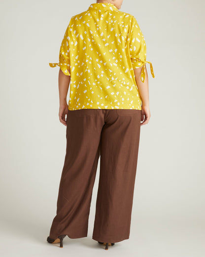 Universal Standard Luisa Short Sleeve Linen Blend Shirt - Yellow Confetti Print