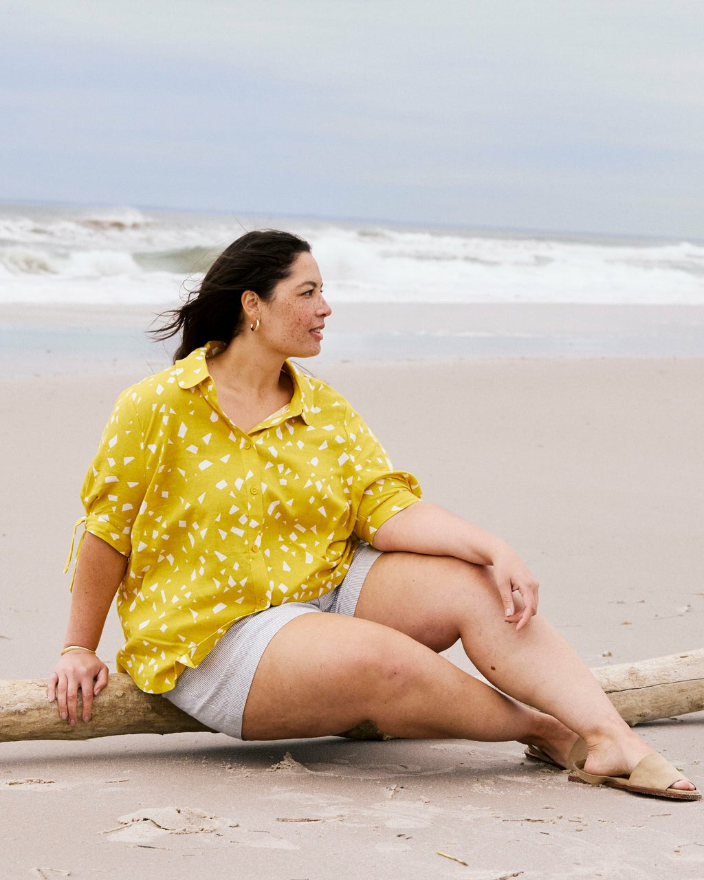 Universal Standard Luisa Short Sleeve Linen Blend Shirt - Yellow Confetti Print