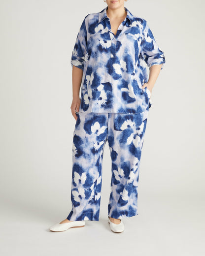 Universal Standard Button Back Linen Blend Polo Shirt - Blue Pressed Flower Print