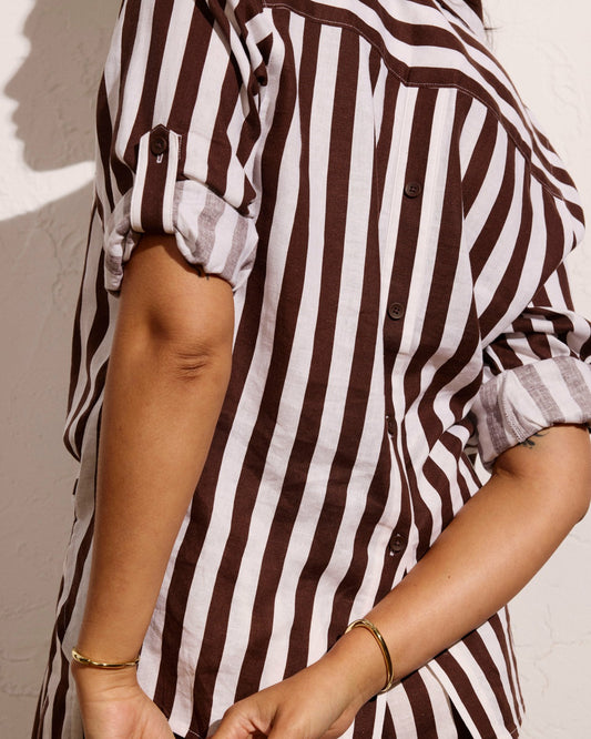 Universal Standard Button Back Linen Blend Polo Shirt - Peppercorn Stripe