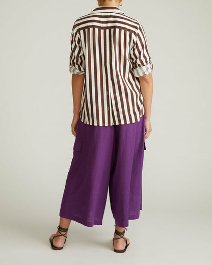 Universal Standard Button Back Linen Blend Polo Shirt - Peppercorn Stripe
