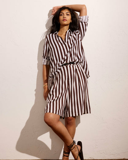 Universal Standard Button Back Linen Blend Polo Shirt - Peppercorn Stripe