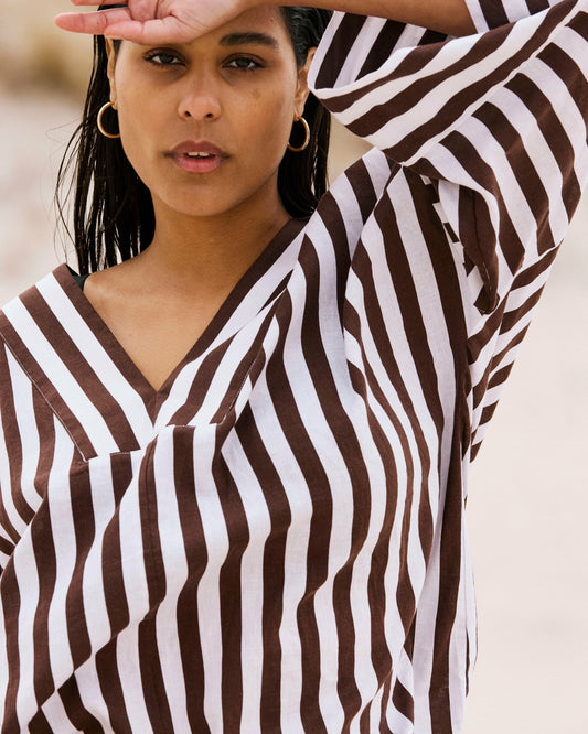 Universal Standard Elio V-Neck Linen Blend Top - Peppercorn Stripe