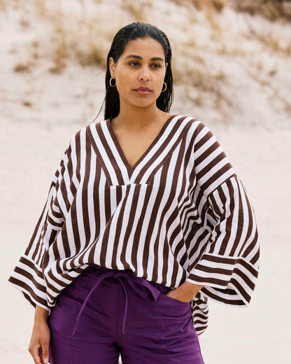 Universal Standard Elio V-Neck Linen Blend Top - Peppercorn Stripe