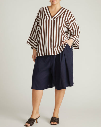 Universal Standard Elio V-Neck Linen Blend Top - Peppercorn Stripe